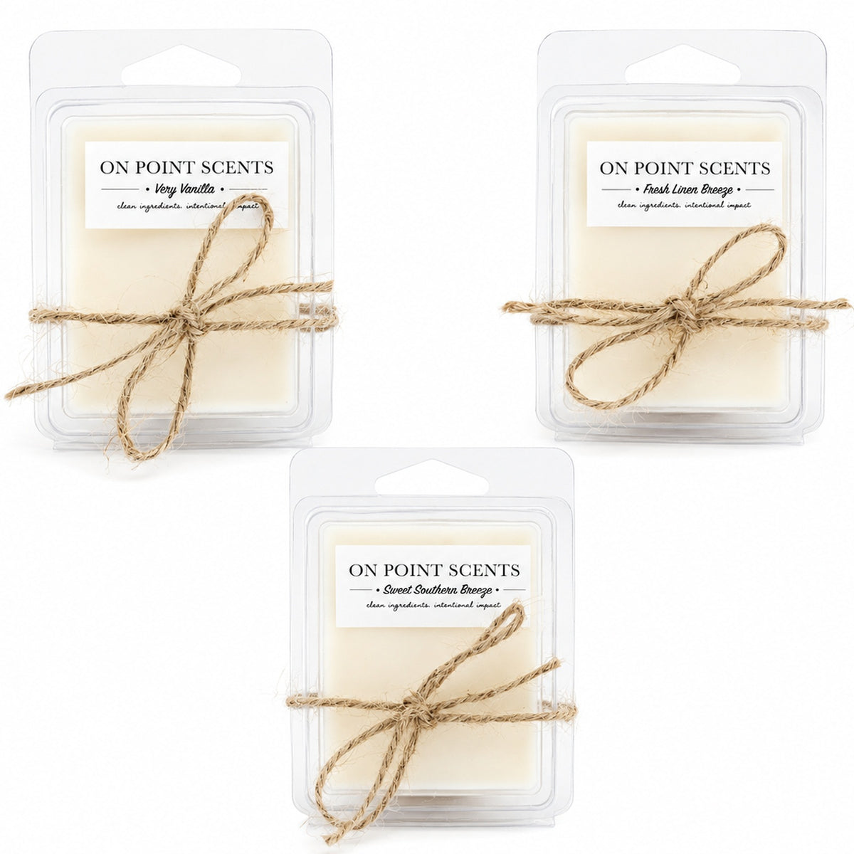 On Point Scents wax melt trio - Very Vanilla, Fresh Linen Breeze, and Sweet Southern Breeze soy wax melts